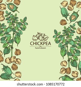 Fundo com grão de bico: grão de bico, vagem, planta de grão de bico e folhas Vetor mão desenhada ilustração