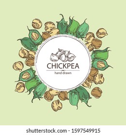 Background with chickpea: chickpea bean, pod, chickpea plant and leaves Vector hand drawn illustration