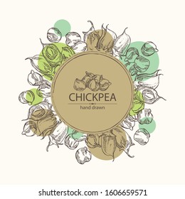Background with chickpea: chickpea bean, pod, chickpea plant and leaves Vector hand drawn illustration