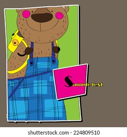 Background for children to bear. Bear bear backpack on his back. Vector.