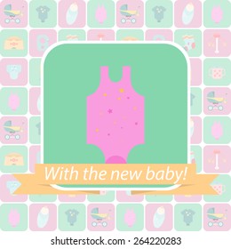 Background with the children flat icons. Flat icons on child-related issues. Cover design greeting card for babyshower. It's a girl! With the new baby!