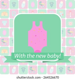 Background with the children flat icons. Flat icons on child-related issues. Cover design greeting card for babyshower. It's a girl! With the new baby!