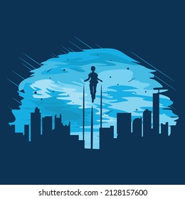 Background of children flying in the sky over the city during the day