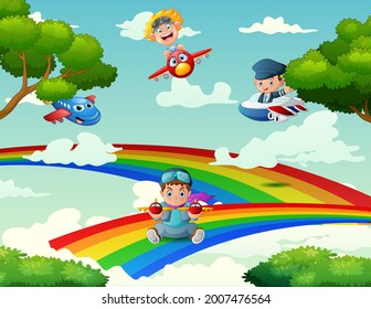 Background of the children playing a plane on a rainbow