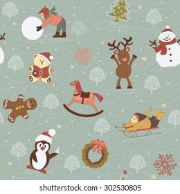 Background with children, snowman, gingerbread, reindeer, wooden horse, teddy bear,  penguin, garland, christmas tree like appliques on tissue