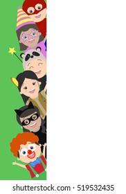 Background with children who look out from behind a corner. Children in carnival costumes. Vector cartoon