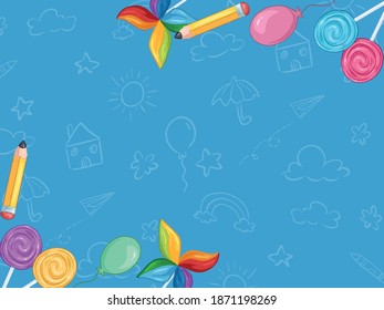 background with children's drawings. pencil, weather vane, candy, balloon drawing