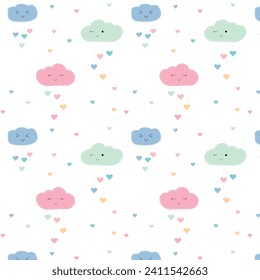 Background for children's greeting card. Cute clouds with hearts. Cute baby clouds vector seamless pattern. Children print clouds and hearts from eyelashes. 