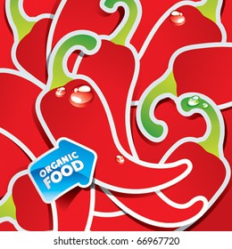 Background from chili peppers with the arrow by organic food. Vector illustration.