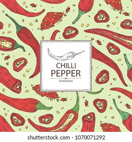 Background with chilli pepper: a piece of hot pepper, seeds and whole chilli pepper. Vector hand drawn illustration.