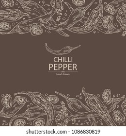 Background with chilli pepper: a piece of hot pepper, seeds and whole chilli pepper. Vector hand drawn illustration.