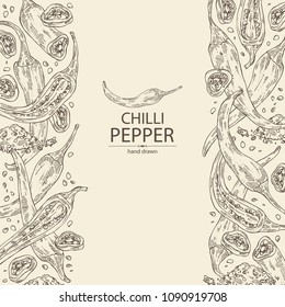 Background with chilli pepper: a piece of hot pepper, seeds and whole chilli pepper. Vector hand drawn illustration.