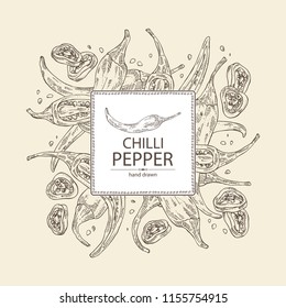 Background with chilli pepper: a piece of hot pepper, seeds and whole chilli pepper. Vector hand drawn illustration.