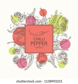 Background with chilli pepper: a piece of hot pepper, seeds and whole chilli pepper. Vector hand drawn illustration.