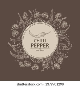 Background with chilli pepper: a piece of hot pepper, seeds and whole chilli pepper. Vector hand drawn illustration.