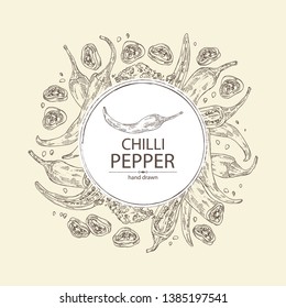 Background with chilli pepper: a piece of hot pepper, seeds and whole chilli pepper. Vector hand drawn illustration. 