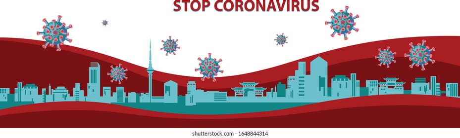 

Background is a Chinese city. Coronovirus attack. Color illustration. Vector.