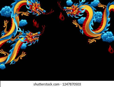 Background with Chinese dragons. Traditional China symbol. Asian mythological color animals.
