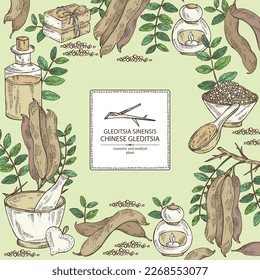 Background with chinese gleditsia: plant, leaves, and chinese gleditsia pod. Gleditsia sinensis. Oil, soap and bath salt . Cosmetics and medical plant. Vector hand drawn illustration
