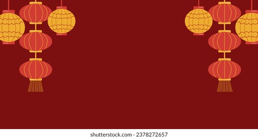 Background of Chinese lanterns. Chinese New Year. Red background. Space for text. Design website, banner, poster. Color vector illustration.