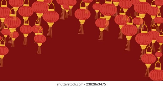 Background of Chinese lanterns. On top on a red background. Chinese New Year. Design website, banner, poster. Color vector illustration.
