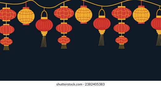 Background of Chinese lanterns. Street Lighting Garland. Chinese New Year. Design website, banner, poster. Color vector illustration.