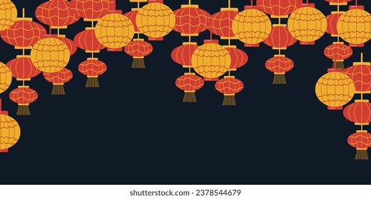 Background of Chinese lanterns. Yellow and red lanterns on a dark sky background. Chinese New Year. Design website, banner, poster. Color vector illustration.