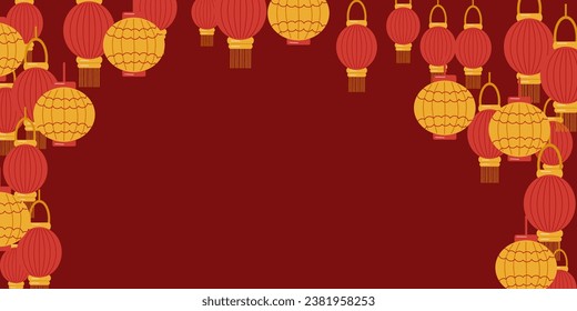 Antecedentes de linternas chinas. Linternas amarillas y rojas en un fondo rojo. Año Nuevo Chino. Diseño de sitio web, banner, afiche. Ilustración del vector de color.
