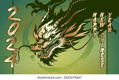 Background to the Chinese New Year 2024 celebration under the Dragon zodiac sign. Gold image of a dragon on a green background. Vector image.