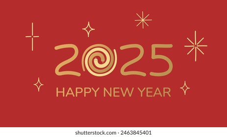 Background with Chinese New Year 2025. Numbers and a snake hand drawn in red, yellow and gold, around star, fireworks. Notebook cover, brochure design template, postcard, banner. EPS10 Vector