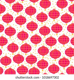 Background of Chinese New Year paper red lanterns. Vector Seamless pattern isolated on white background