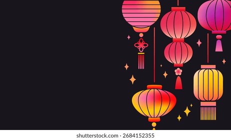 Fondo con linternas de papel chino. Fondo de pantalla de texto, saludo Anuncio para el Año Nuevo o Festival de la Linterna. Plantilla de Vector