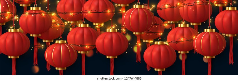 Background Chinese red lanterns. gold light garlands, golden bokeh. Traditional asian ornamental festive decorations isolated realistic design. vector illustration