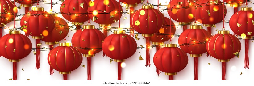 Background Chinese red lanterns. gold light garlands, golden bokeh. Traditional asian ornamental festive decorations isolated realistic design. vector illustration