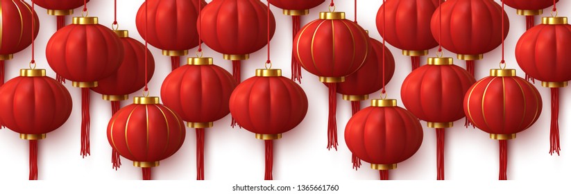 Background Chinese red lanterns hanging on ribbon. Isolated realistic vector object on dark background