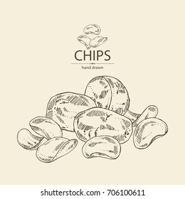 Background with chips potato and potatoes. Fast food. Vector hand drawn illustration.