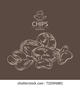 Background with chips potato and potatoes. Fast food. Vector hand drawn illustration.