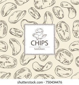 Background with chips potato and potatoes. Fast food. Vector hand drawn illustration