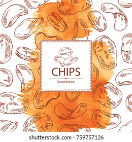 Background with chips potato and potatoes. Fast food. Vector hand drawn illustration