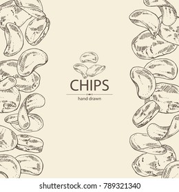 Background with chips potato and potatoes. Fast food. Vector hand drawn illustration