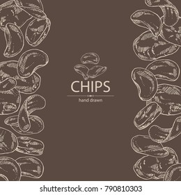Background with chips potato and potatoes. Fast food. Vector hand drawn illustration