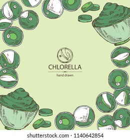 Background with chlorella: chlorella seaweed, powder and tablet. Unicellular green algae. Edible seaweed. Vector hand drawn illustration.
