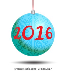 Background with Christmas ball. Creative happy new year 2016 design. Colorful realistic christmas ball. Christmas ball hanging. Realistic christmas ball for flyers, banners
