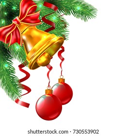 Background from Christmas balls, bell and bow are hanging a branch tree isolated.