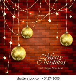 Background with Christmas balls and golden stars on a brick wall, illustration.