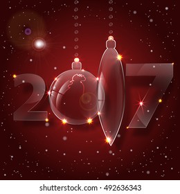 Background with Christmas balls on a red backround. Numbers 2017
