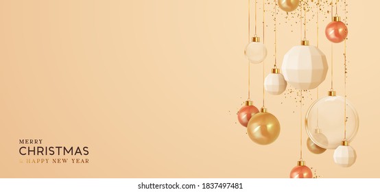 Background with Christmas balls. Realistic Xmas decorative gold round baubles hanging on ribbon, falling shiny confetti. Greeting card, banner, cover flyer poster. Merry Christmas and Happy New Year