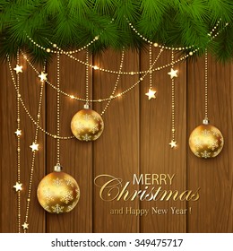 Background with Christmas balls and spruce branches on a wooden background, illustration.