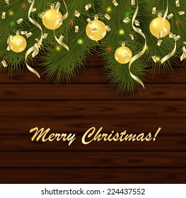 Background with Christmas balls, Christmas tree , gold confetti and lights on wood texture, vector illustration  