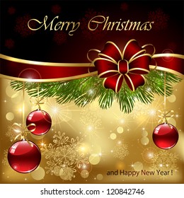 Background with Christmas baubles, bells, bow and tinsel, illustration.